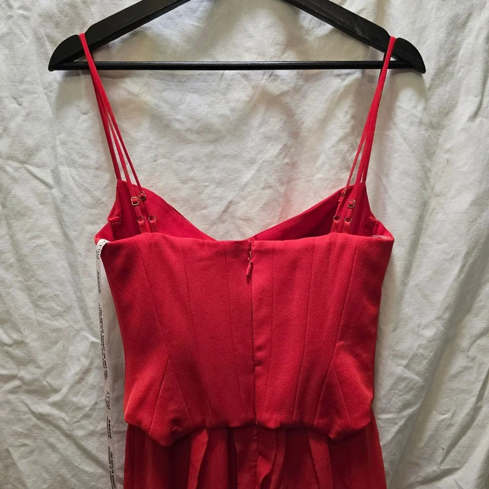 NWT OH POLLY Scarlet Red Ruffle High Slit Corset Maxi Dress‎ US 4